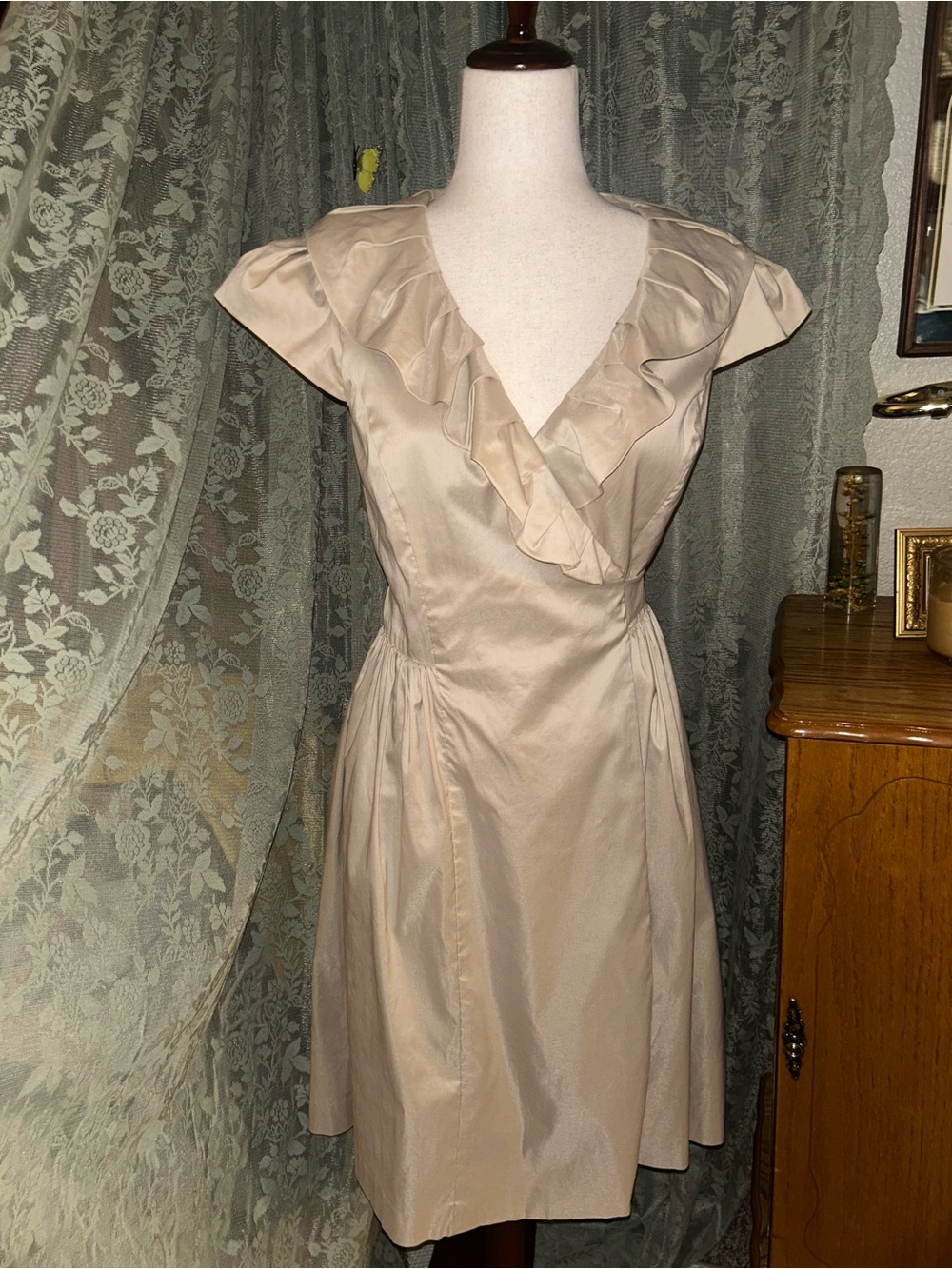 Suzi Chin for Maggy Boutique Beige Ruffled V-Neck Wrap Midi Dress